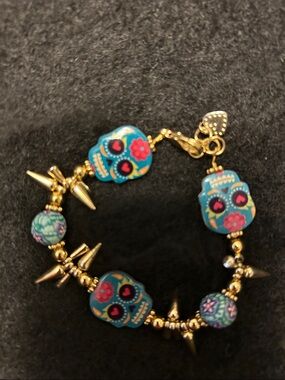 Turquoise Sugar Skull Bracelet Gold Tone & Ceramic Beads - Women Jewelry